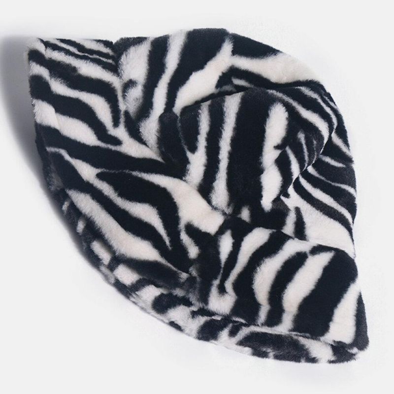 Unisex Filt Zebra Mønster Plus Tykkere Og Fløjl Varm Vindtæt Blød All-Match Bucket Hat