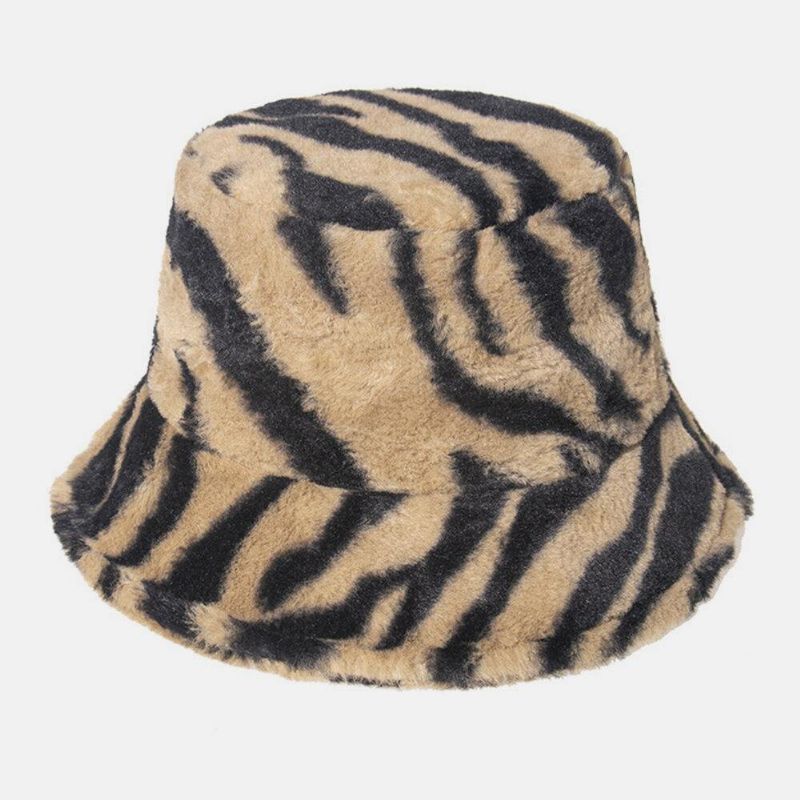 Unisex Filt Zebra Mønster Plus Tykkere Og Fløjl Varm Vindtæt Blød All-Match Bucket Hat