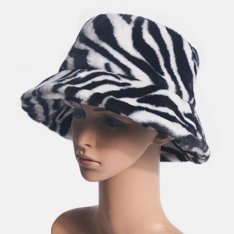 Unisex Filt Zebra Mønster Plus Tykkere Og Fløjl Varm Vindtæt Blød All-Match Bucket Hat