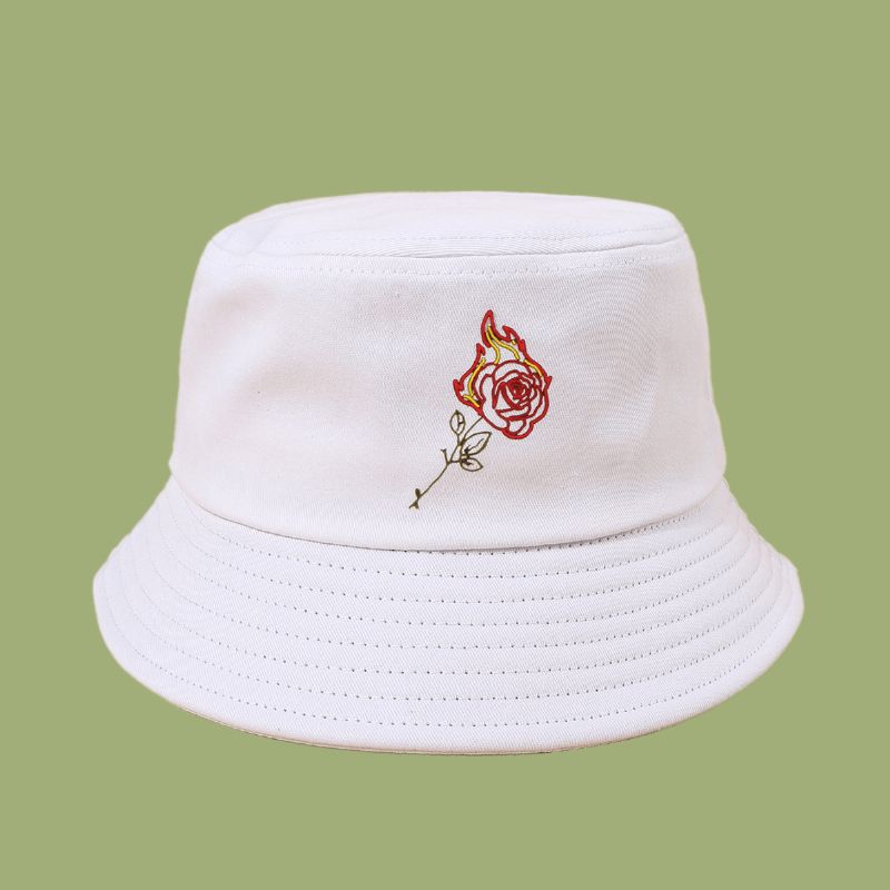 Unisex Flame Rose Broderi Solhat Bomuld Enkel Solcreme Bucket Hat