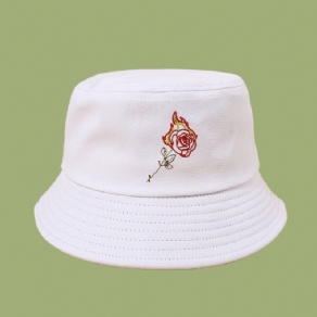 Unisex Flame Rose Broderi Solhat Bomuld Enkel Solcreme Bucket Hat