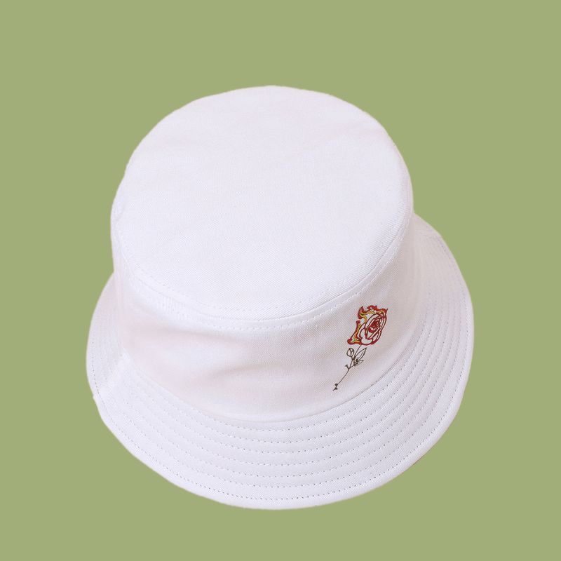 Unisex Flame Rose Broderi Solhat Bomuld Enkel Solcreme Bucket Hat