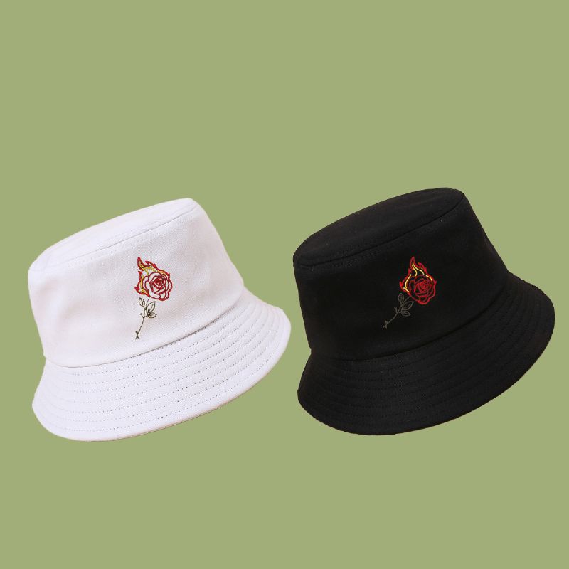 Unisex Flame Rose Broderi Solhat Bomuld Enkel Solcreme Bucket Hat