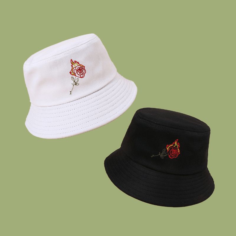 Unisex Flame Rose Broderi Solhat Bomuld Enkel Solcreme Bucket Hat