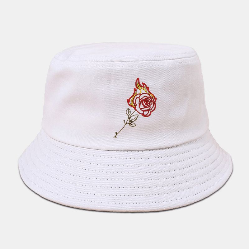 Unisex Flame Rose Broderi Solhat Bomuld Enkel Solcreme Bucket Hat