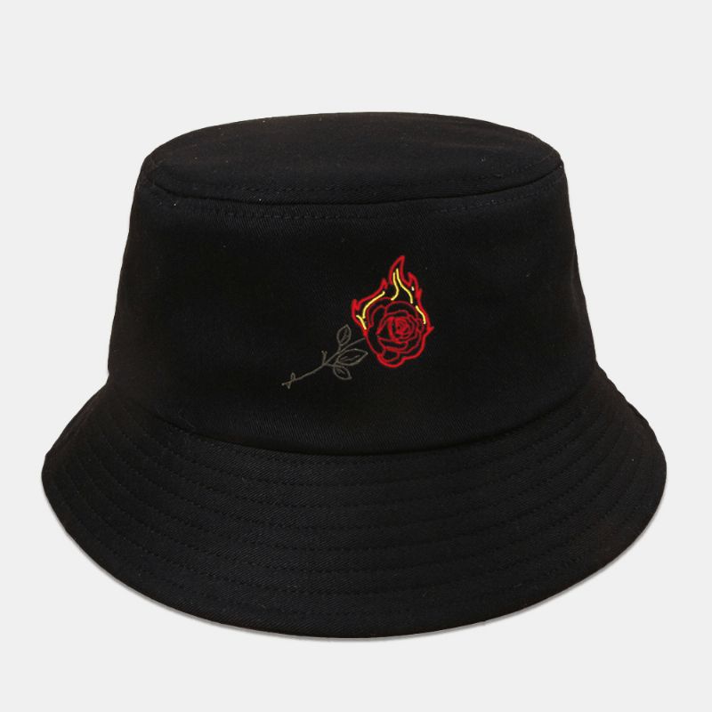 Unisex Flame Rose Broderi Solhat Bomuld Enkel Solcreme Bucket Hat