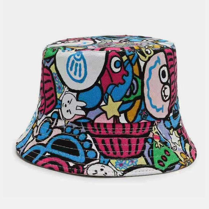 Unisex Lærred Farvet Tegnefilm Karakter Mønster Casual Sunshade Bucket Hat