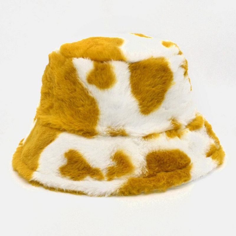 Unisex Lammehår Blødt Varmt Afslappet All-Match Cute Cow Pattern Bucket Hat