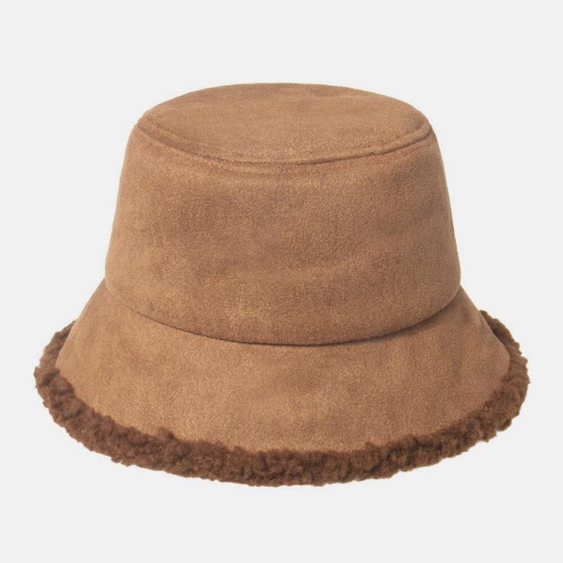 Unisex Lammehår Ruskind Plus Tykker Varm Vindtæt Blød All-Match Bucket Hat