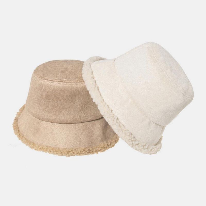 Unisex Lammehår Ruskind Plus Tykker Varm Vindtæt Blød All-Match Bucket Hat