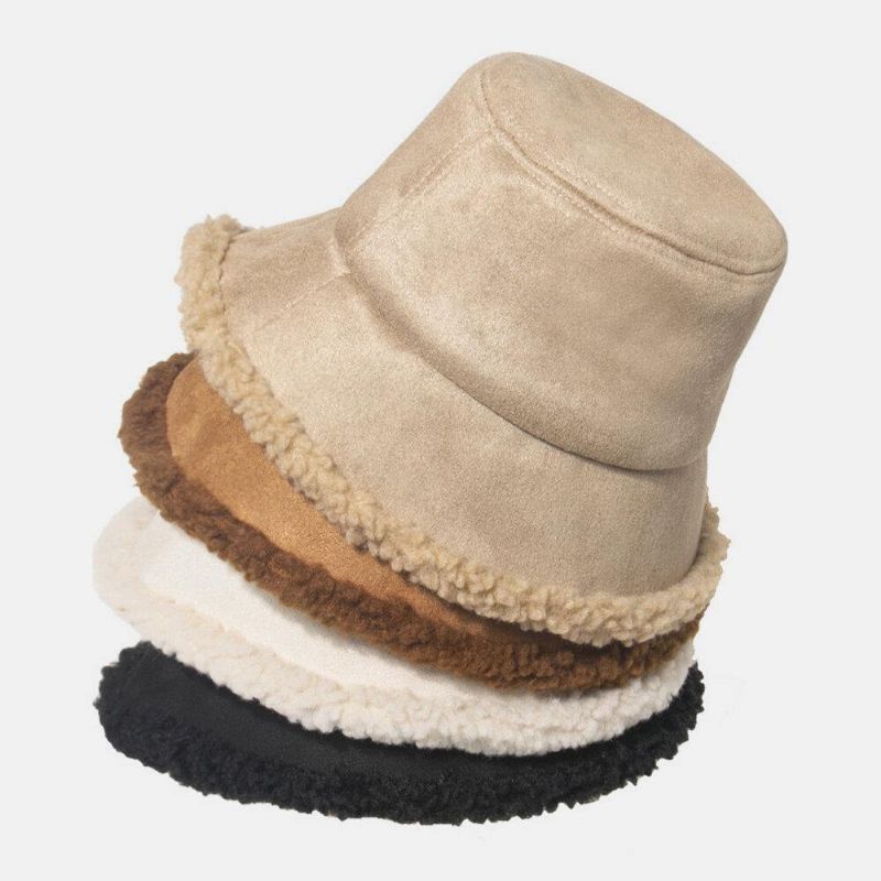 Unisex Lammehår Ruskind Plus Tykker Varm Vindtæt Blød All-Match Bucket Hat