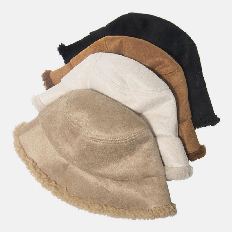 Unisex Lammehår Ruskind Plus Tykker Varm Vindtæt Blød All-Match Bucket Hat