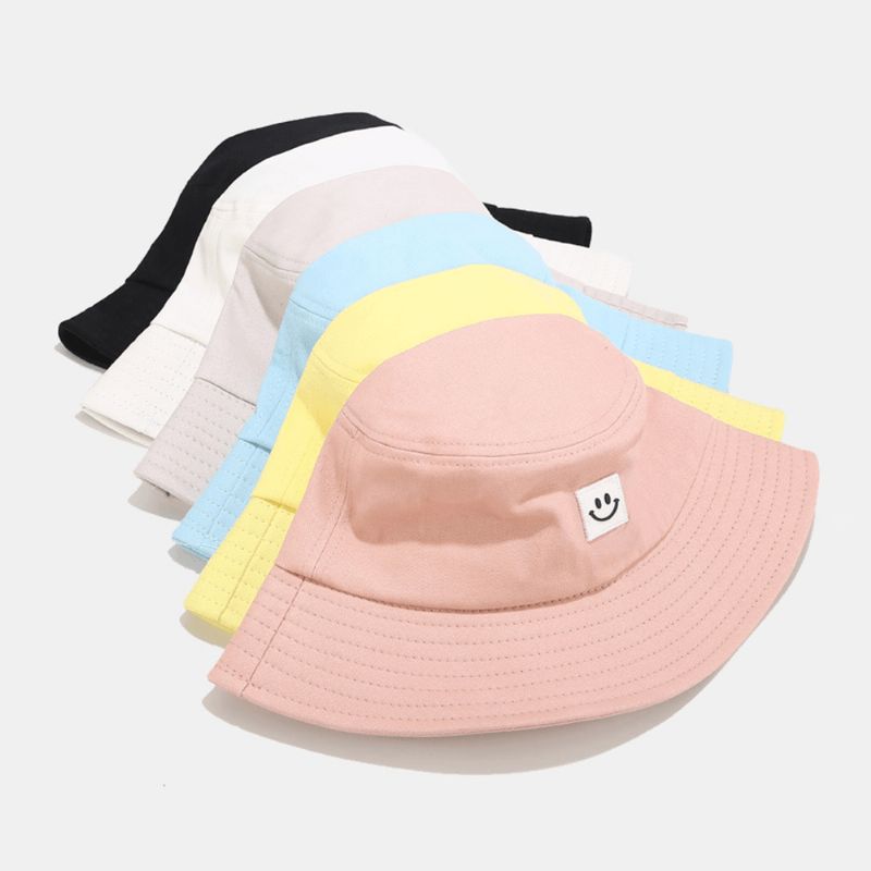 Unisex Smilemønster Patch Solhat Med Bred Skygge All-Match Udendørs Casual Solskygge Bucket Hat