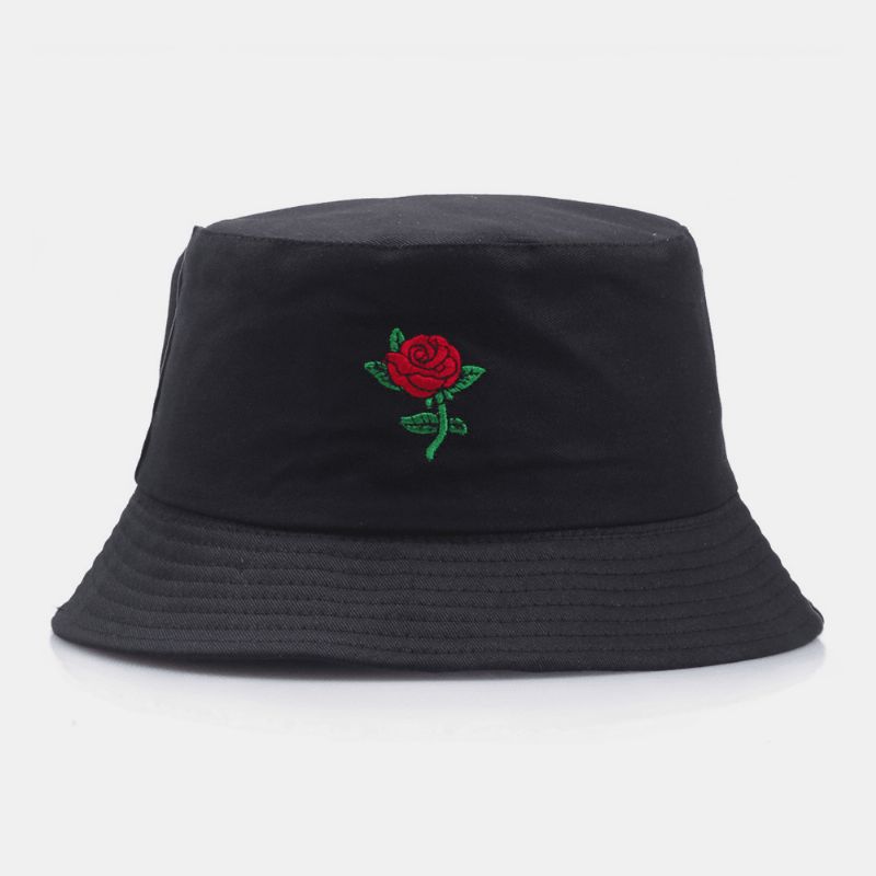 Unisex Tegneserierosebroderi Twill Kasket Udendørs Solcreme Solskærm Bucket Hat