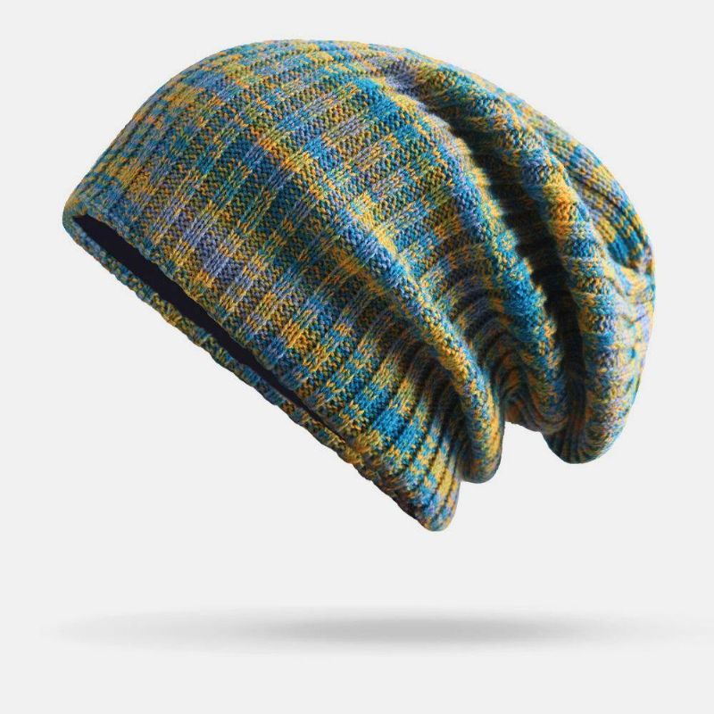 Unisex Uld Blandet Regnbuefarve Striber Mønster Plus Fløjl Tyk Varm Par Hue Beanie Strikket Hat