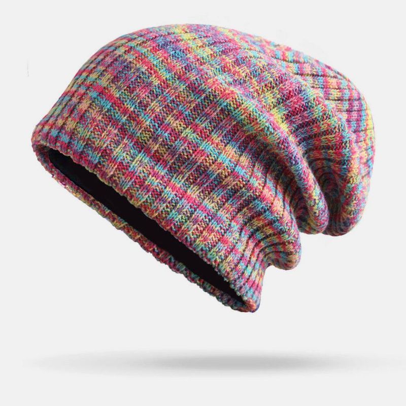 Unisex Uld Blandet Regnbuefarve Striber Mønster Plus Fløjl Tyk Varm Par Hue Beanie Strikket Hat