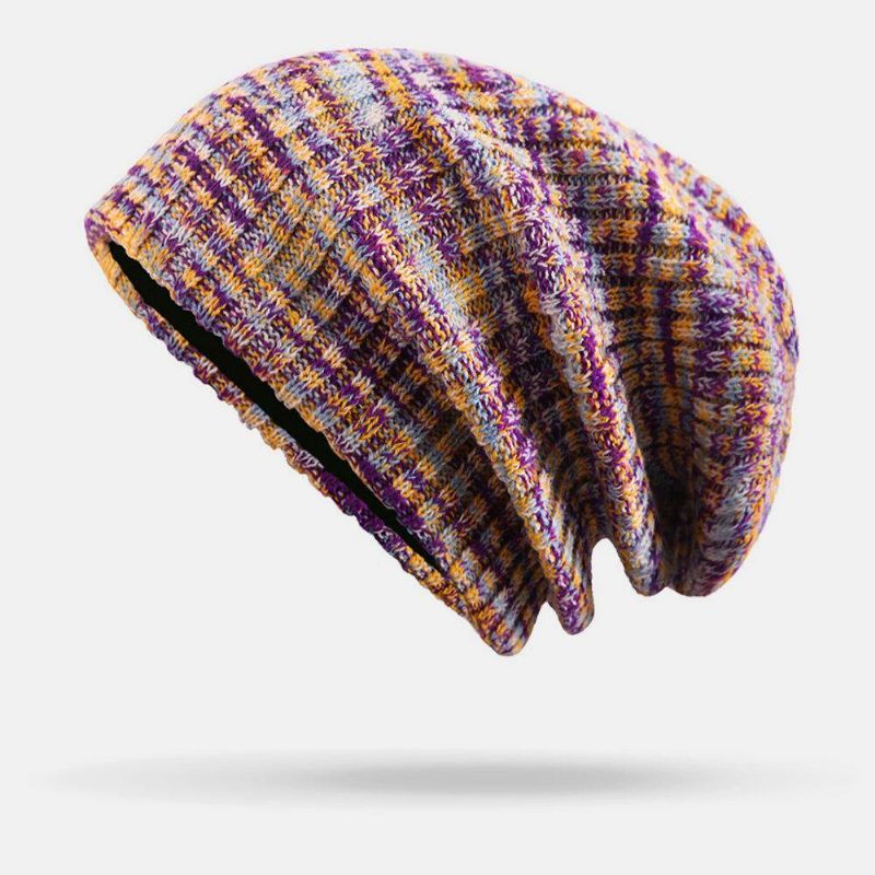 Unisex Uld Blandet Regnbuefarve Striber Mønster Plus Fløjl Tyk Varm Par Hue Beanie Strikket Hat