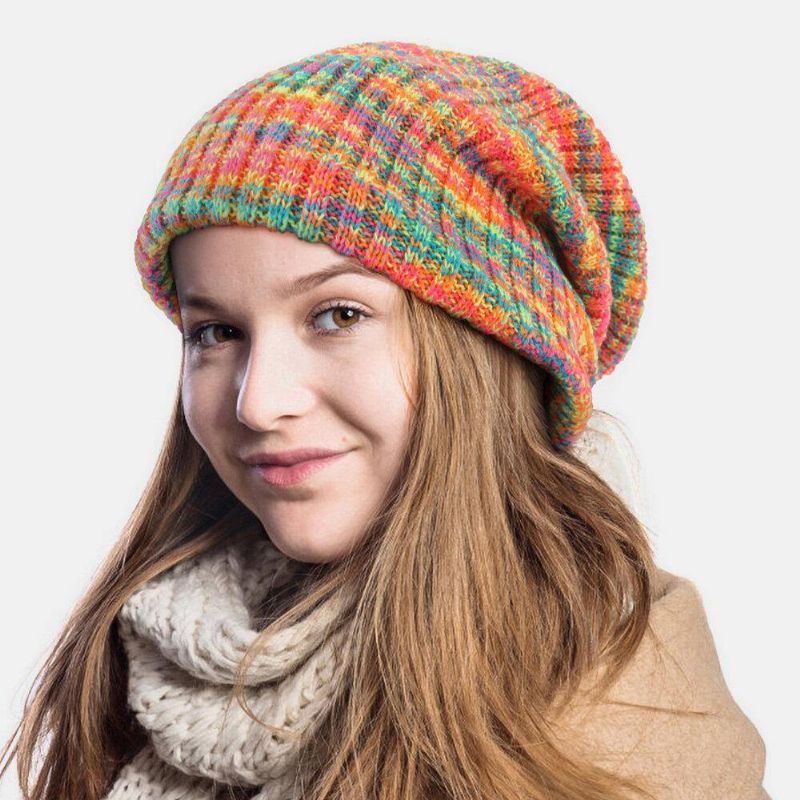 Unisex Uld Blandet Regnbuefarve Striber Mønster Plus Fløjl Tyk Varm Par Hue Beanie Strikket Hat