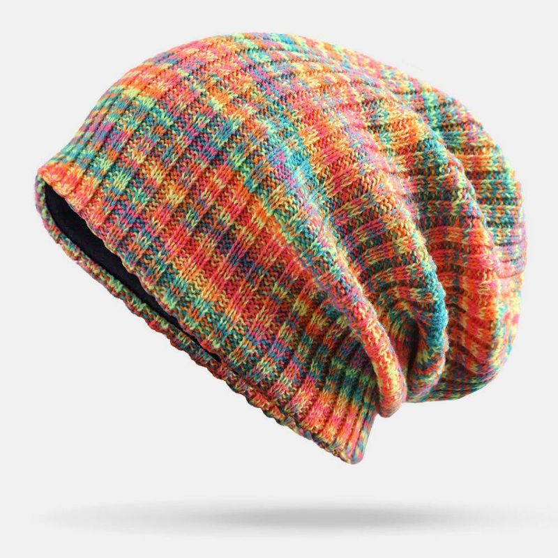 Unisex Uld Blandet Regnbuefarve Striber Mønster Plus Fløjl Tyk Varm Par Hue Beanie Strikket Hat