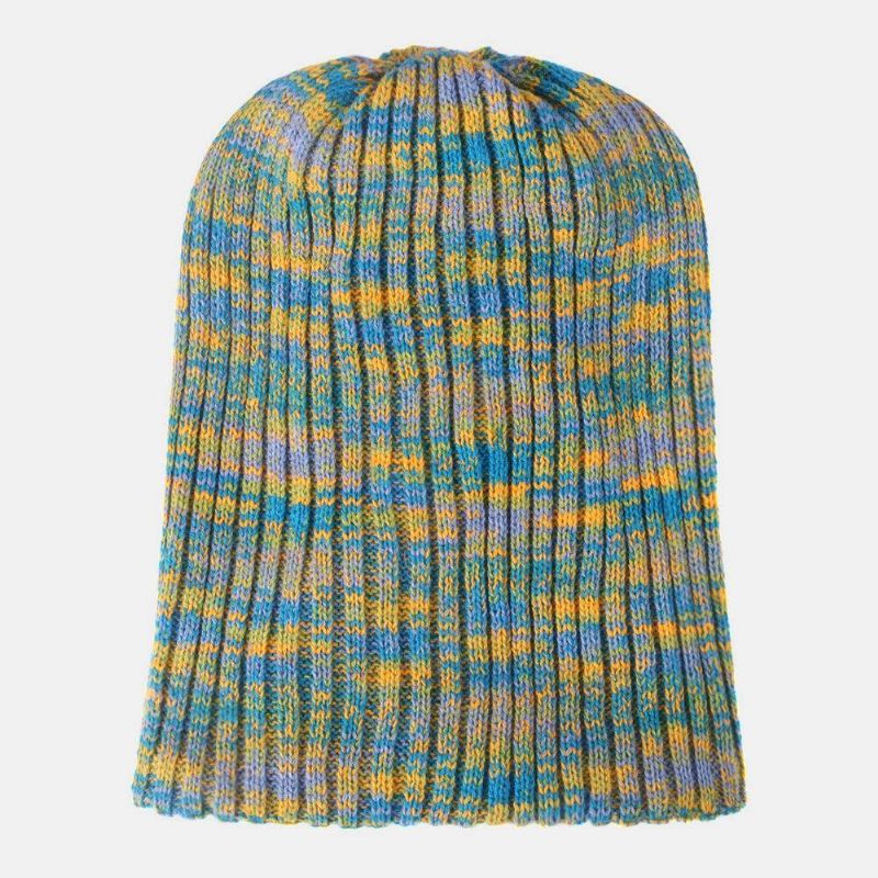 Unisex Uld Blandet Regnbuefarve Striber Mønster Plus Fløjl Tyk Varm Par Hue Beanie Strikket Hat