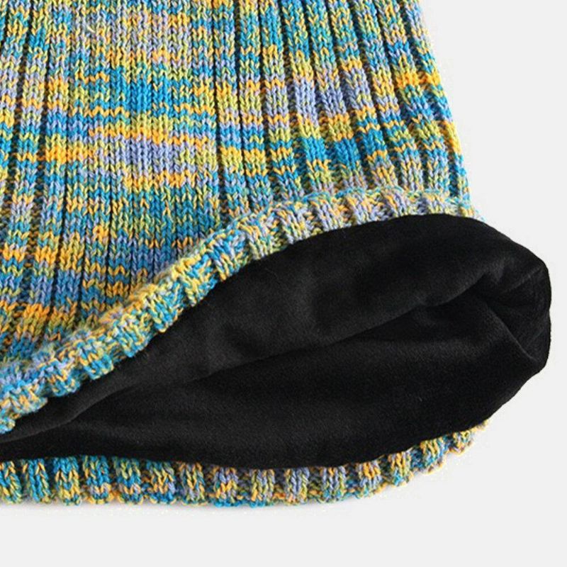 Unisex Uld Blandet Regnbuefarve Striber Mønster Plus Fløjl Tyk Varm Par Hue Beanie Strikket Hat