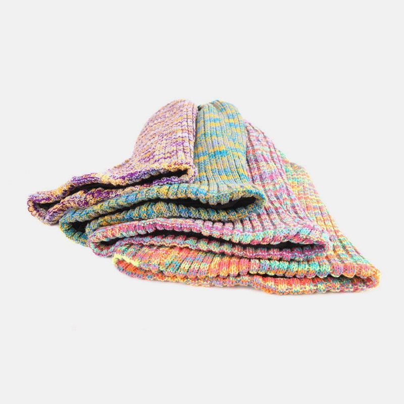 Unisex Uld Blandet Regnbuefarve Striber Mønster Plus Fløjl Tyk Varm Par Hue Beanie Strikket Hat