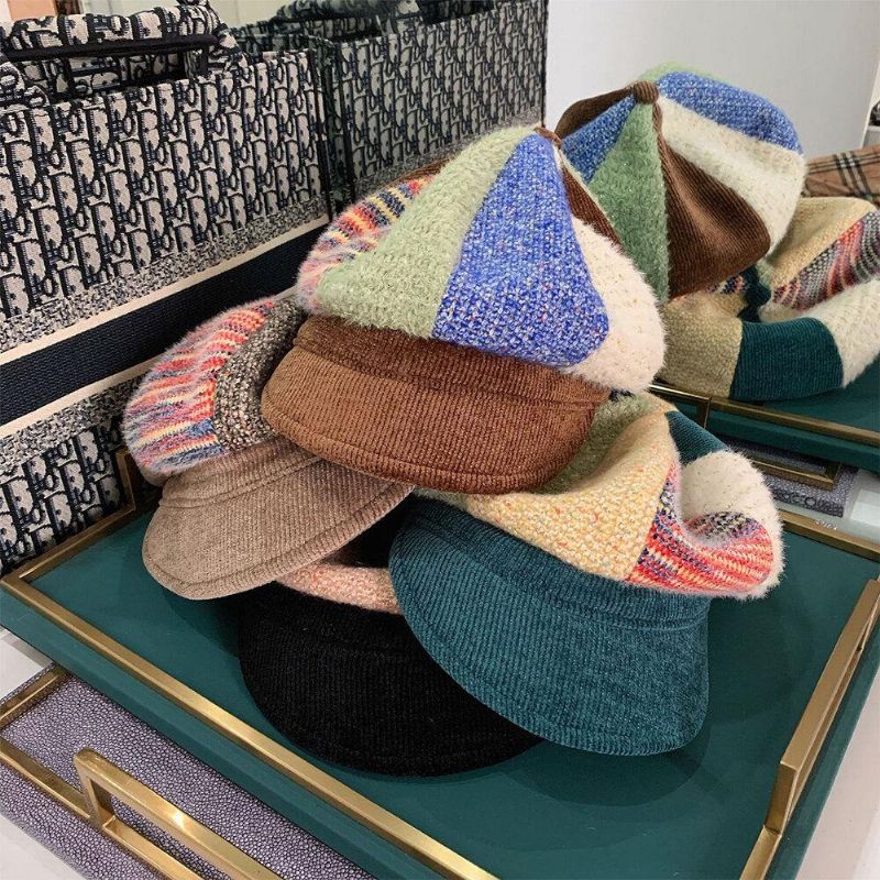 Unsiex Corduroy Patchwork Farve Varm All-Match Casual Newsboy Hat Octagonal Hat Baskerhat