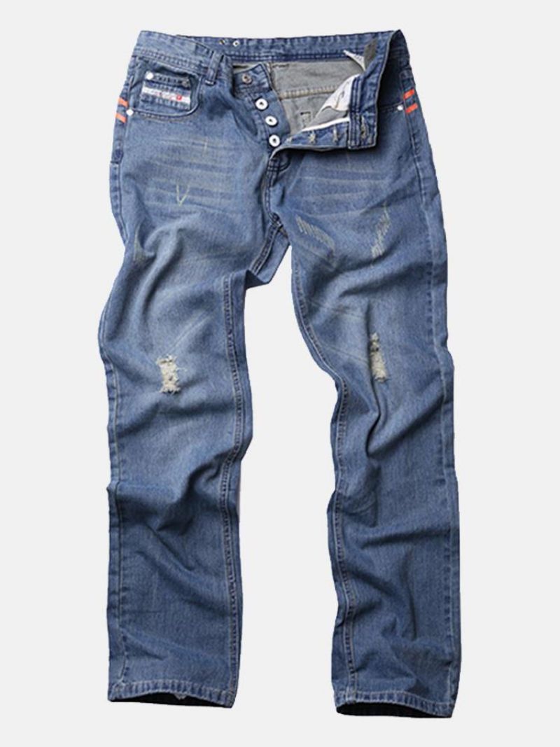 Herre Vintage Huller Lyseblå Lige Slanke Jeans Med Knap