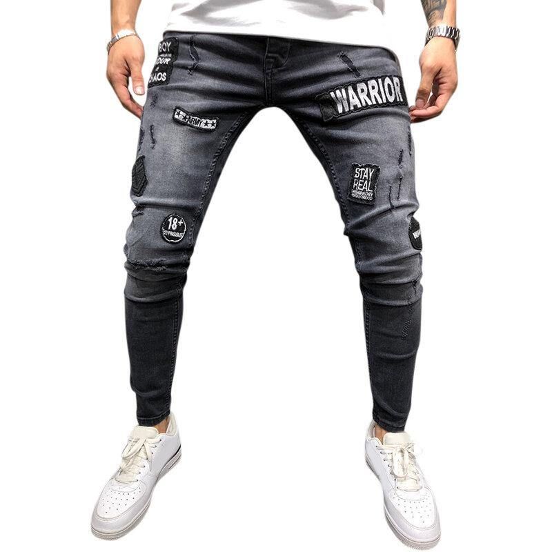 Herremode Bomuld Midtalje Patchwork Jeans Denimbukser