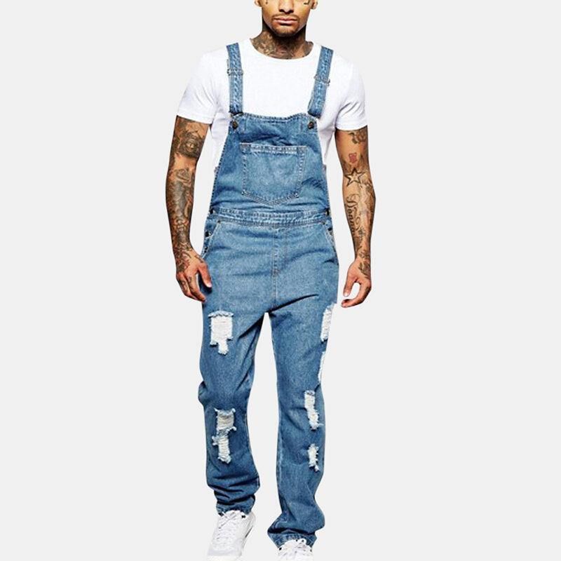 Herremode Sling Romper Torn Denim Ensfarvet Casual Suspender Bukser