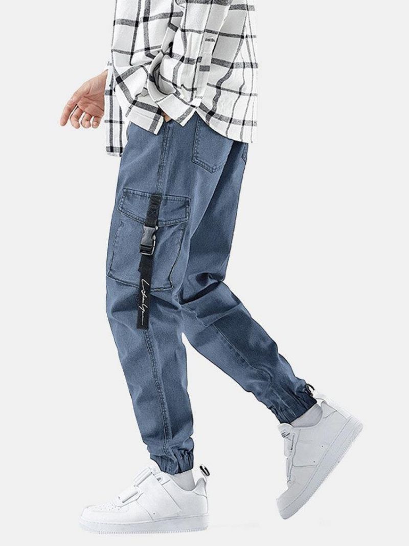 Mænds Multi-Pocket Casual Elastiske Manchetter Snøre Beam Feet Bukser Jeans