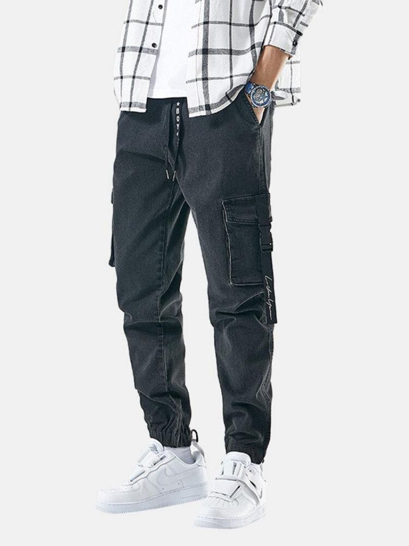 Mænds Multi-Pocket Casual Elastiske Manchetter Snøre Beam Feet Bukser Jeans