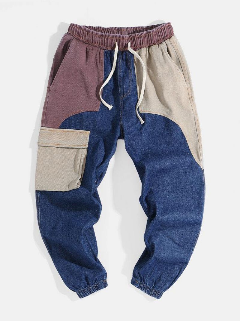 Mænds Patchwork Multi Pocket Snøre Elastisk Talje Løs Jogger Jeans