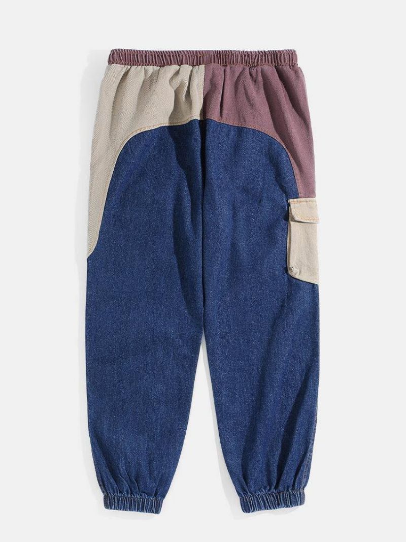 Mænds Patchwork Multi Pocket Snøre Elastisk Talje Løs Jogger Jeans