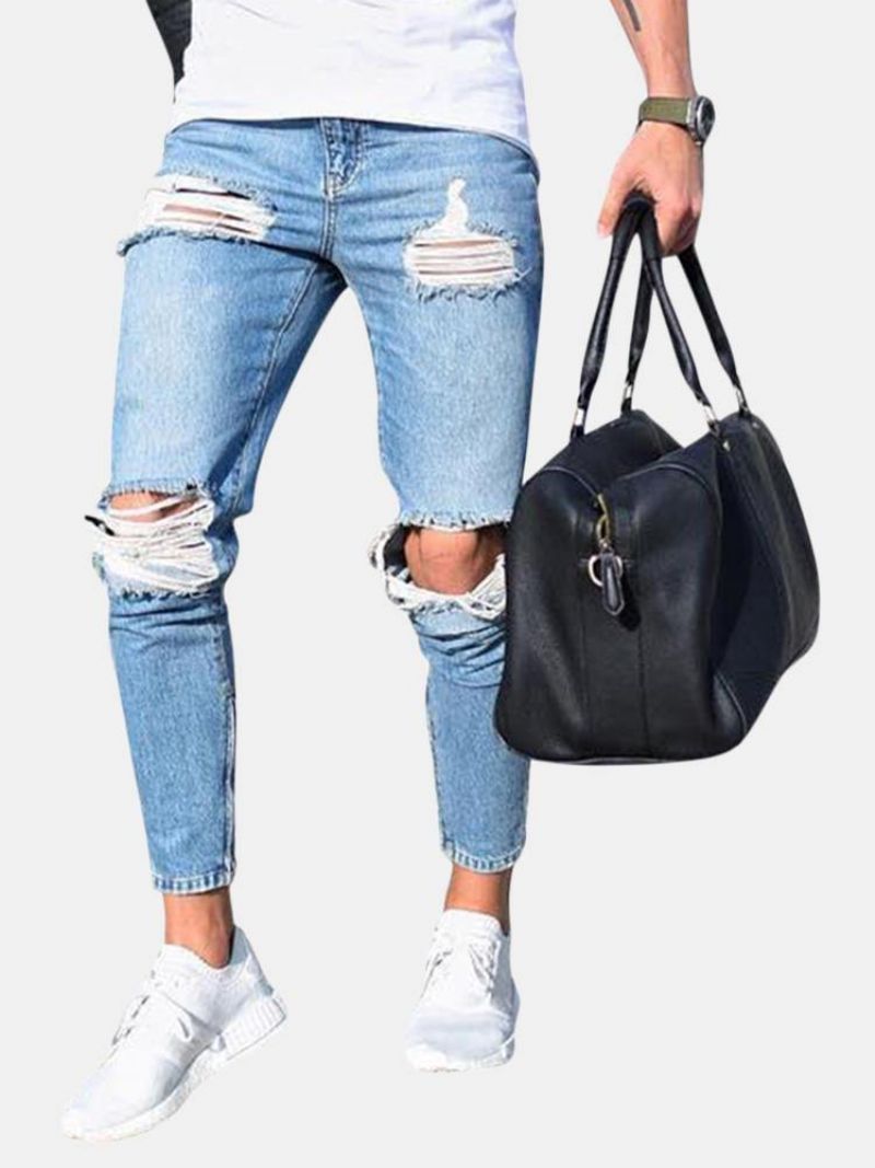 Rippede Stilfulde Skinny Blå Jeans Med Lav Talje