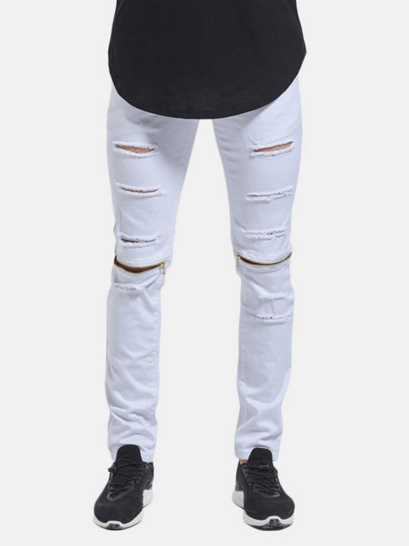 Skinny Hip Hop Rippede Knee Lynlås Jeans