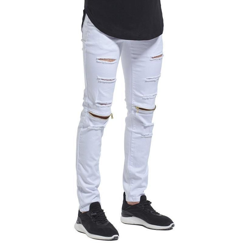 Skinny Hip Hop Rippede Knee Lynlås Jeans