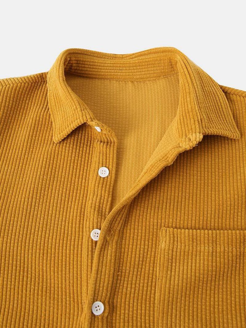 Corduroy Solid Henley Krave Brystlomme Lange Ærmer Skjorter