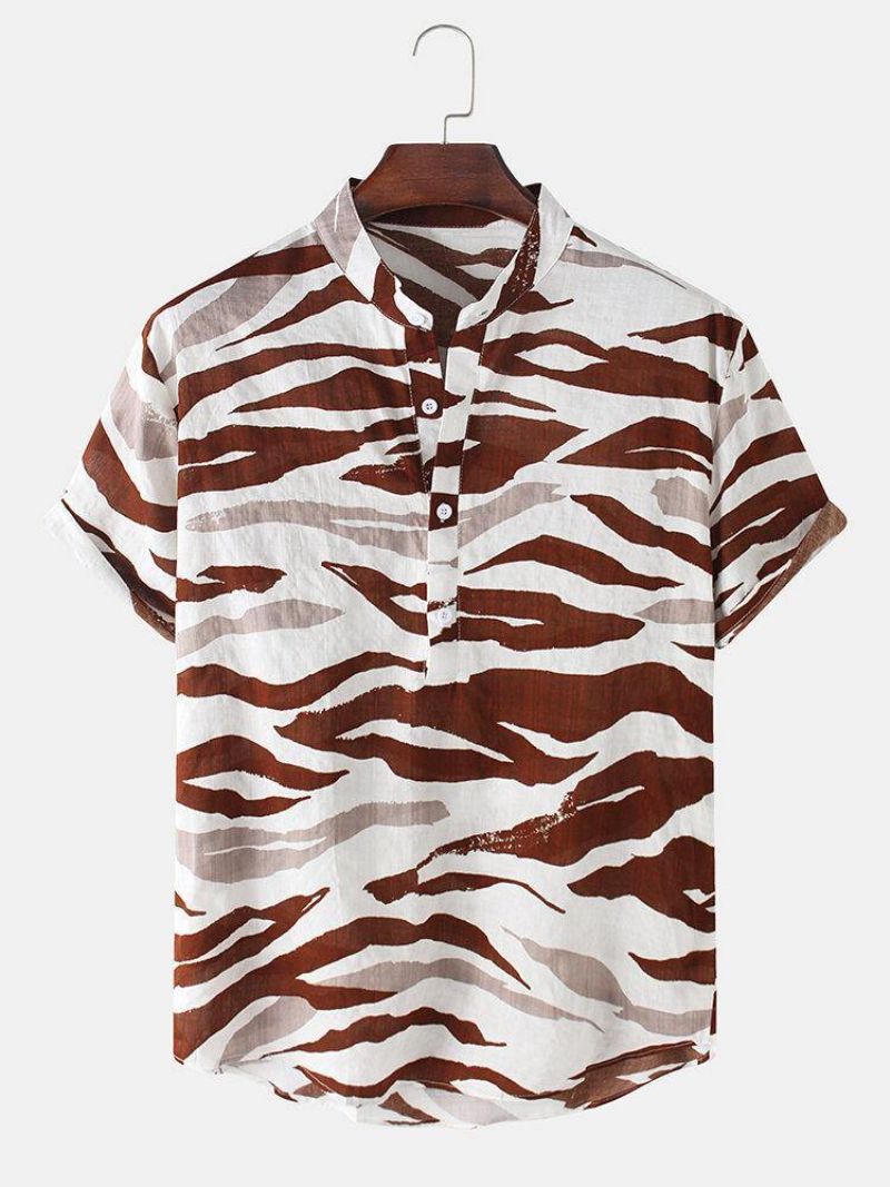 Herre Tiger Mønster Print Henley Collar Kortærmede Skjorter