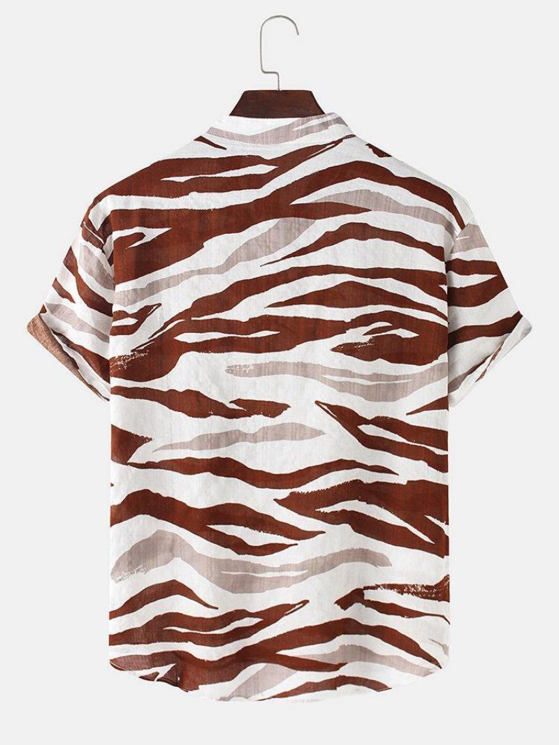 Herre Tiger Mønster Print Henley Collar Kortærmede Skjorter