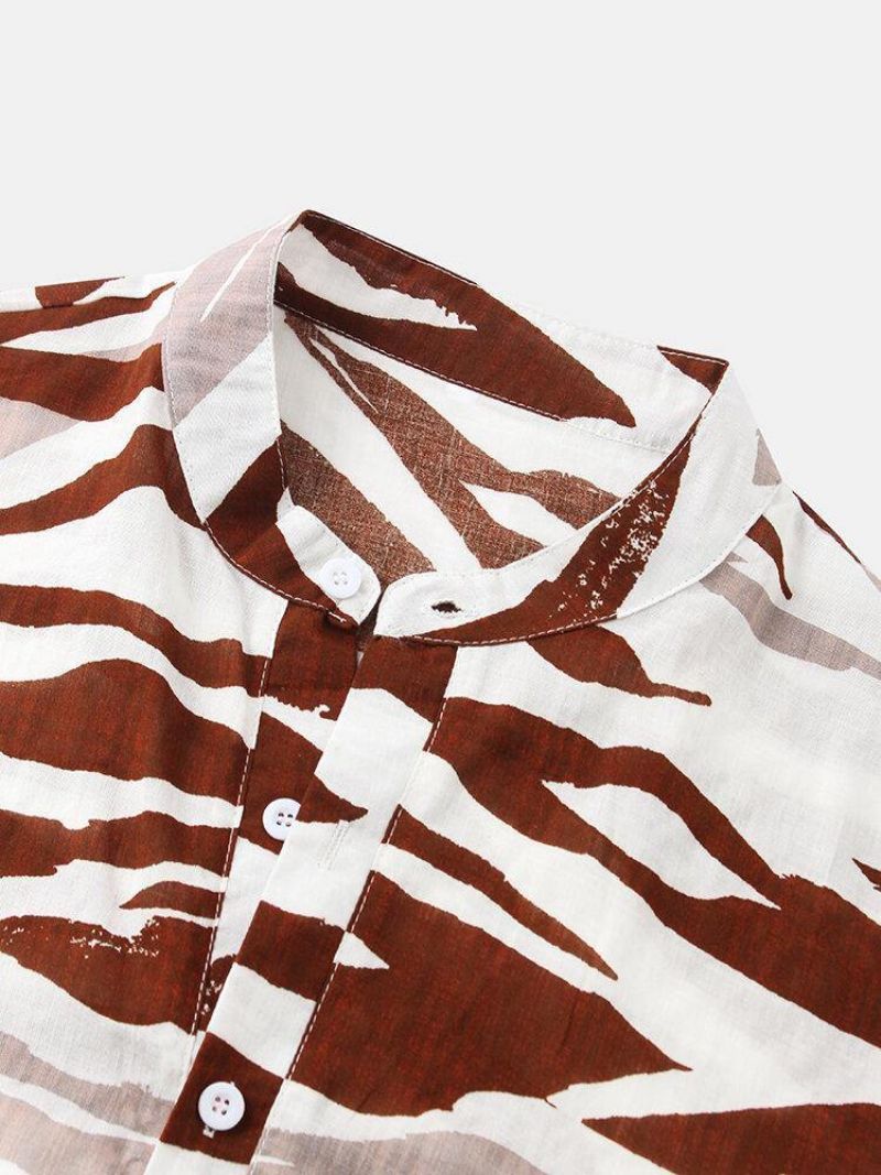 Herre Tiger Mønster Print Henley Collar Kortærmede Skjorter