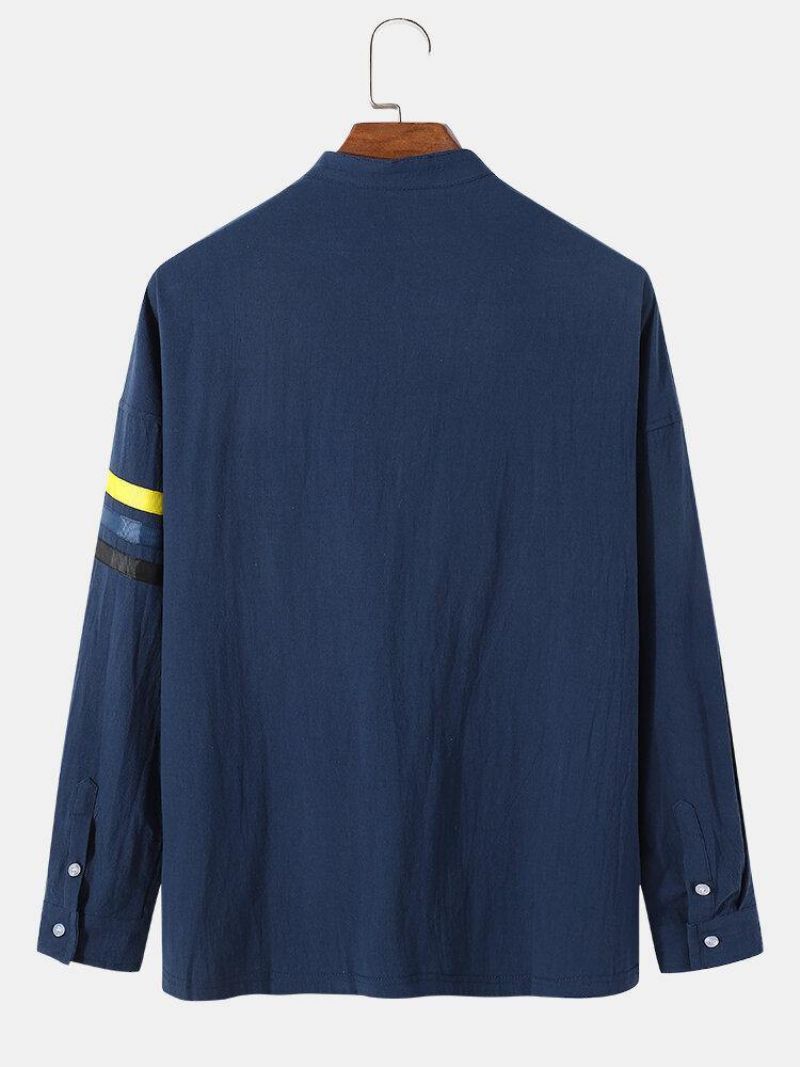 Mænds Fnuuy Mønster & Slogant Broderi Side Stripe Preppy Henley Skjorte