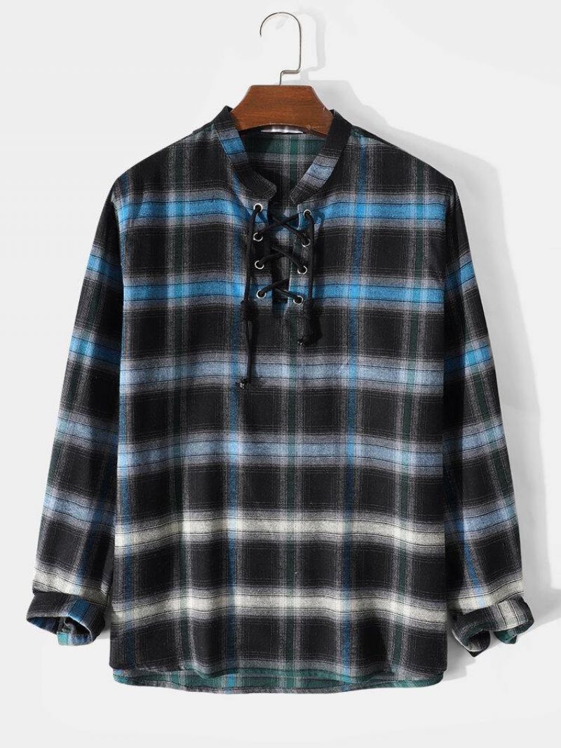 Mænds Plaid Ombre Bandage Front Casual Langærmede Henley Skjorter