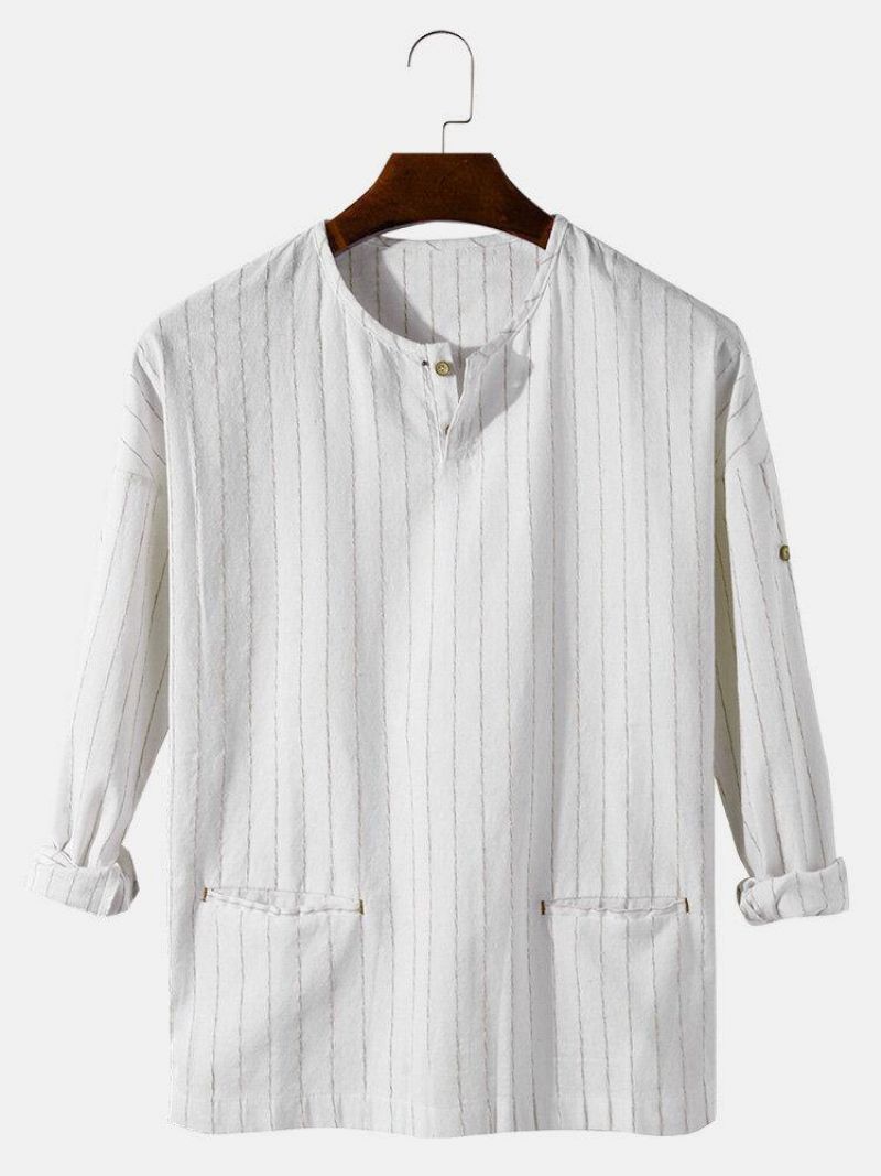 Mænds Stripe Halv Åben Krave Dobbeltlomme Casual Henley-Skjorter