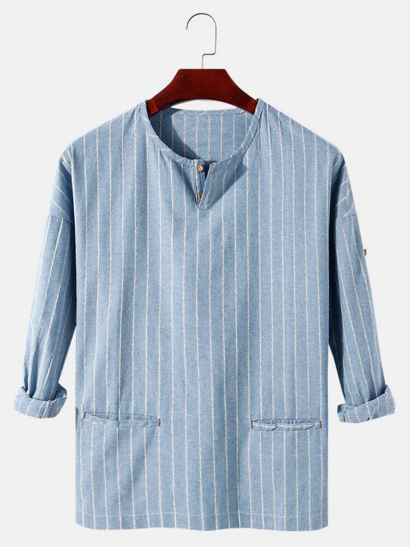 Mænds Stripe Halv Åben Krave Dobbeltlomme Casual Henley-Skjorter