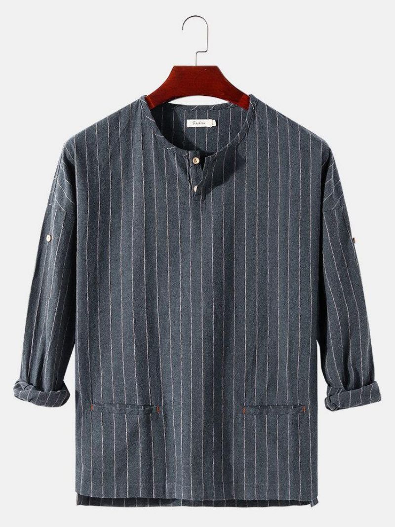 Mænds Stripe Halv Åben Krave Dobbeltlomme Casual Henley-Skjorter