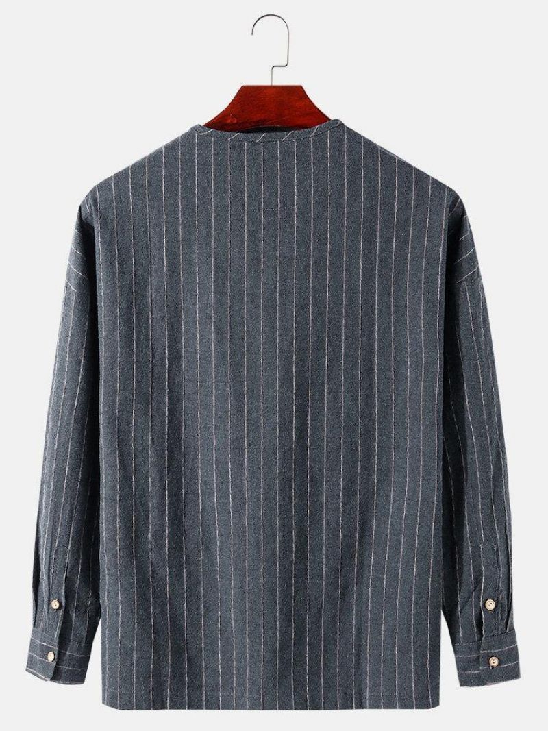 Mænds Stripe Halv Åben Krave Dobbeltlomme Casual Henley-Skjorter