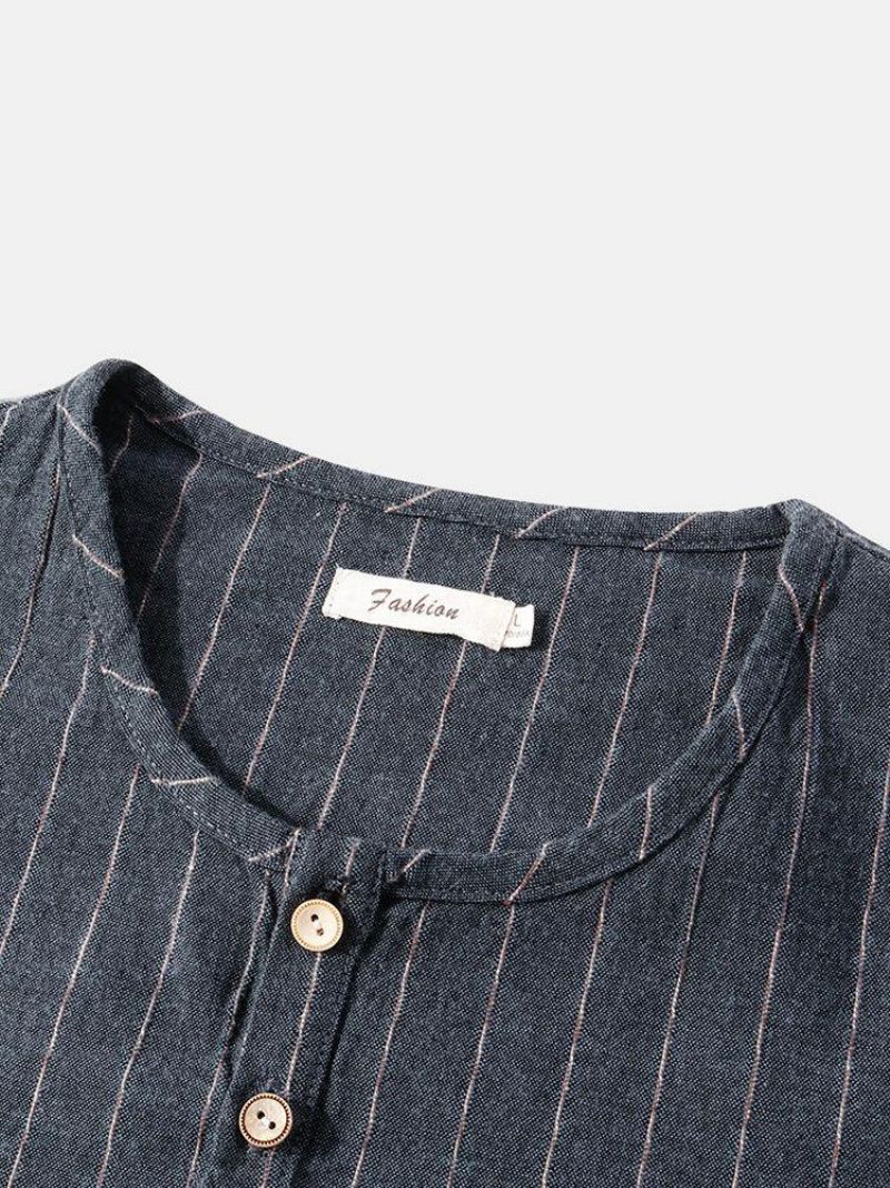 Mænds Stripe Halv Åben Krave Dobbeltlomme Casual Henley-Skjorter