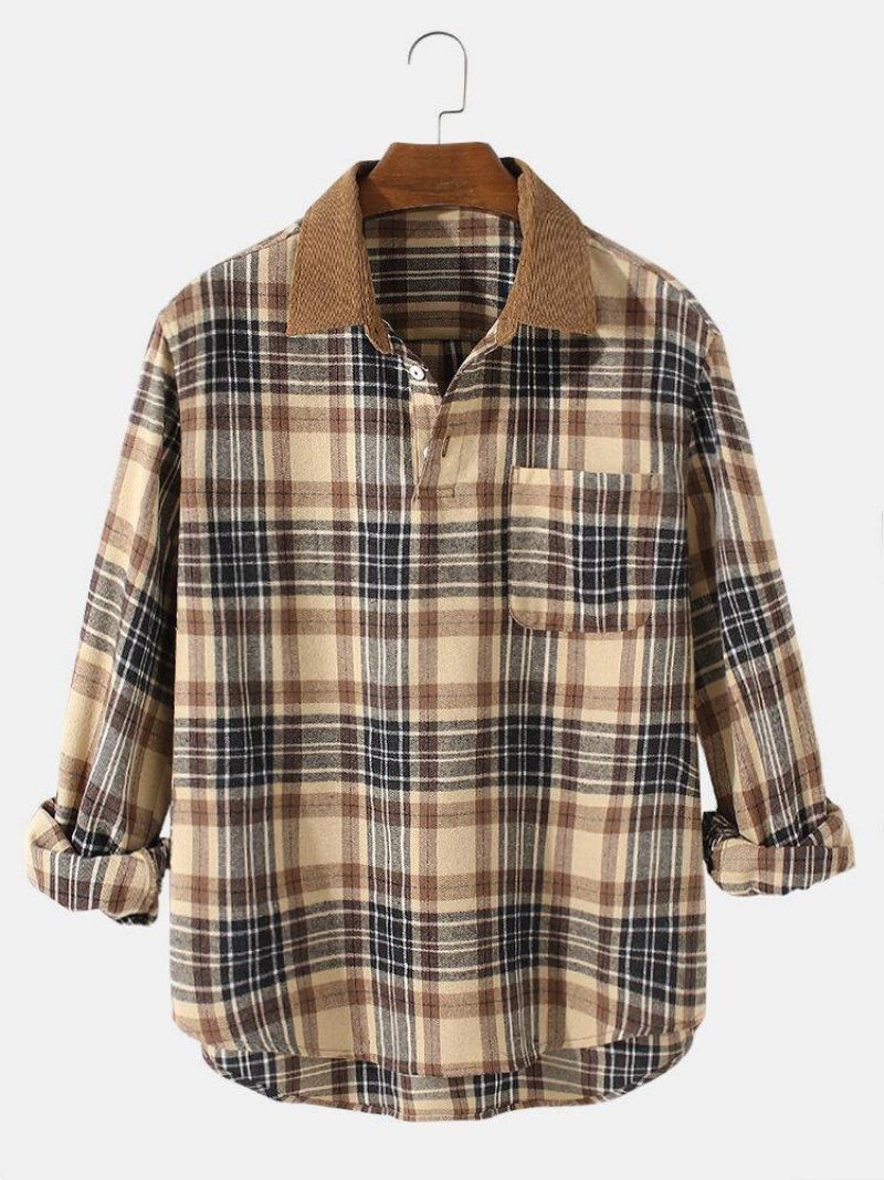 Mænds Vintage Plaid Casual Fit Bomuld Langærmede Henley Skjorter Med Lomme