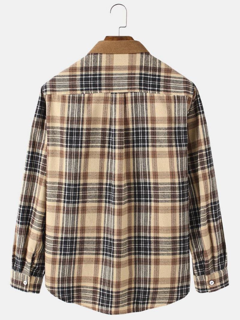 Mænds Vintage Plaid Casual Fit Bomuld Langærmede Henley Skjorter Med Lomme